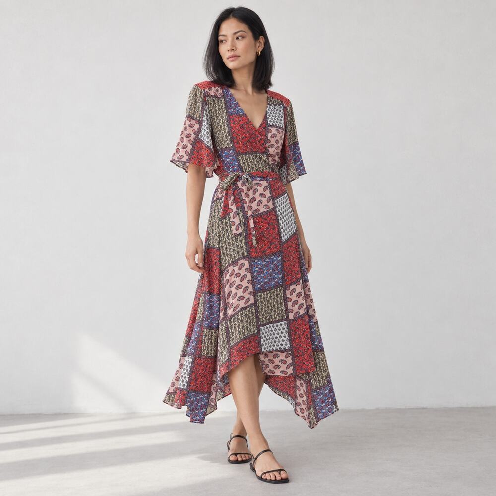 Hazel (Asos) midi patchwork red/blue wrap short sleeve dress, size S